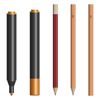 Set of different text markers and pencils, with and without a cup. Isolated on white background, vector illustration.