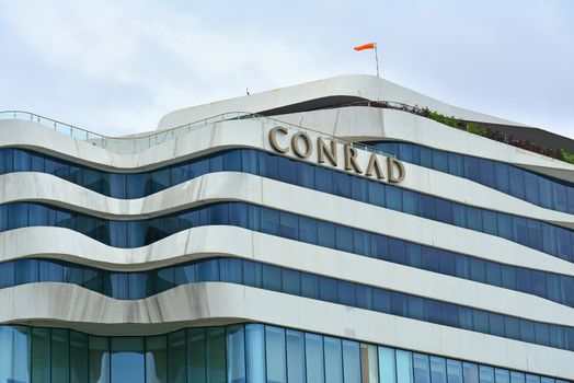 Conrad hotel facade in Pasay, Philippines