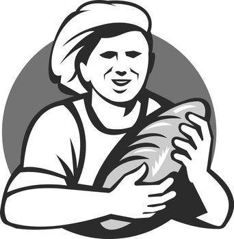 Baker Holding Bread Loaf Grayscale Retro