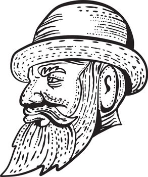 Hipster Wearing Bowler Hat Etching Black and White