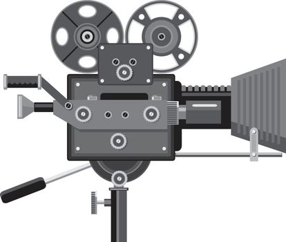 Retro style illustration of vintage movie film camera or cinema camera viewed from side on isolated background.
