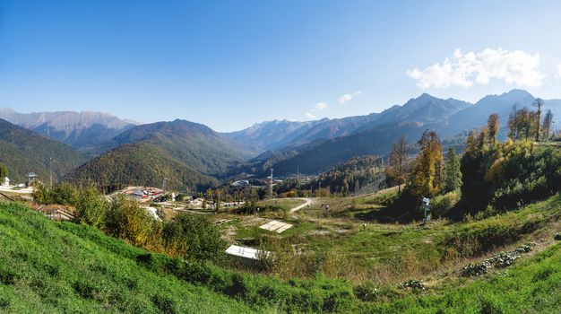 Large panorama view of Rosa Khutor ski resort, year-round mounta