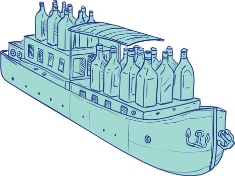 Gin Bottles on Barge Boat Drawing