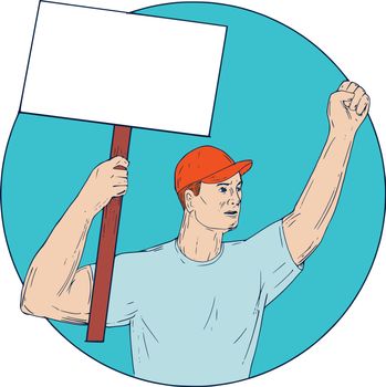 Union Worker Activist Placard Protesting Fist Up Circle Drawing