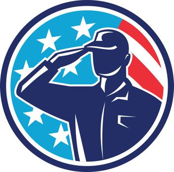 American Soldier Serviceman Saluting Flag Circle Retro