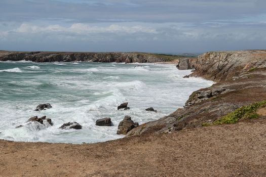 Waves of Atlantic ocean on wild coast of the peninsula of Quiber