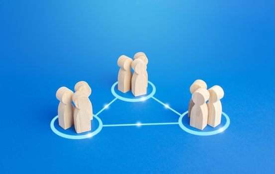 Three groups of people are connected by lines. Cooperation and collaboration, job sharing distribution and globalization. Outsourcing. Combining efforts in a project. Business model concept