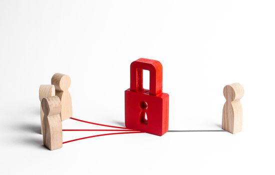 A red padlock blocks contacts between people and a person. Misunderstanding, termination of contact. Countering bullying and threats. End relationships, inaccessibility. Lack of feedback. Ignoring