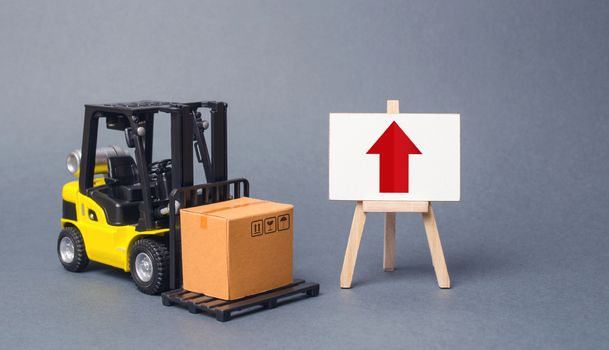 Yellow Forklift truck carries a box next to an easel with a red up arrow. Increasing the pace of production of goods and services, economic well-being. Exports, imports. sales rise. High trade volumes