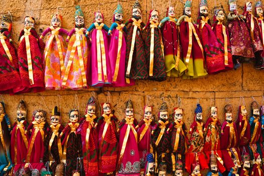 Traditional Rajasthani puppets for sale in Jaisalmer, Rajasthan, India.