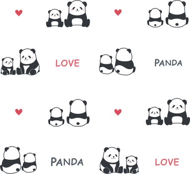 Cute funny cartoon style panda bear parent and child family with bamboo vector pattern illustration.