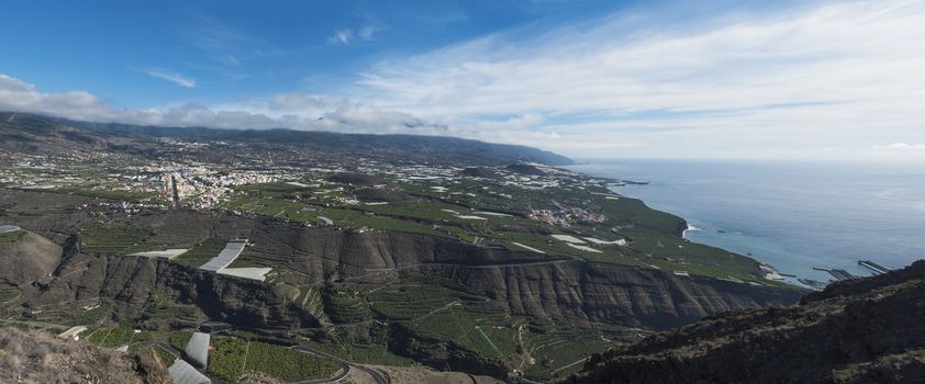 Wide panoramic view from Mirador el Time viewpoint on Los Llanos de Aridane and Aridane valley, La Palma, Canary Islands, Spain
