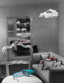 Symbolic composition. Woman's shoe on a chair. Rainy cloud in living room