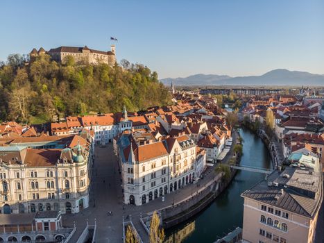 Aerial drone panoramic view of Ljubljana, capital of Slovenia in warm afternoon sun