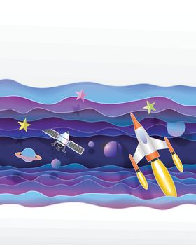 Satellites and Space rocket flying  in the universe cute paper a