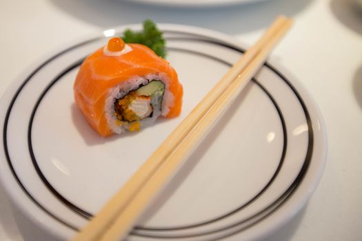 Japanese food closeup, Salmon sushi rolls