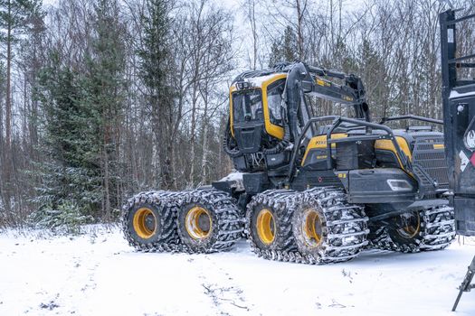 Umea, Sweden NOVEMBER 10, 2019: High performance modern forestry machine for forest cutting, stacking and logging, delivering peak efficiency and productivity for specific forestry tasks. Winter