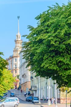 City landscape. House with a spire the Stalinist classicism