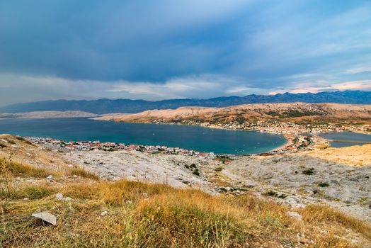 Scenic View Over Village On Pag Island In The Evening