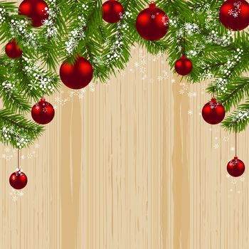 Green branch of fir with red balls and snowflakes on a background of wood. Christmas card. Christmas symbol. Happy New Year. illustration