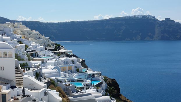 View of the island and whitewashed village of Oia of Santorini, 