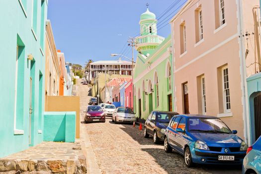 Many colorful houses in the Bo Kaap district in Cape Town, South Africa.