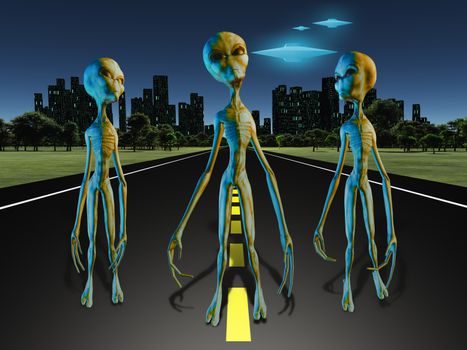 Aliens on road to city