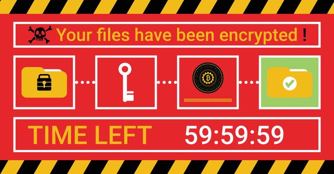 Computer infected by malware ransomware wannacry virus. Cyber attack concept. Hacker encrypted computer folders, files and threatening Bitcoin money payment to unlock. Vector illustration