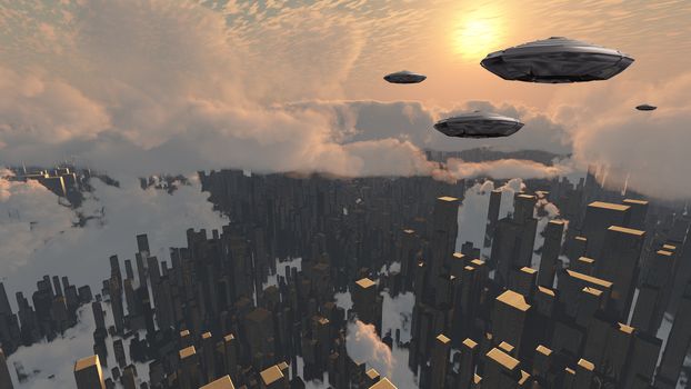 Spacecrafts over city