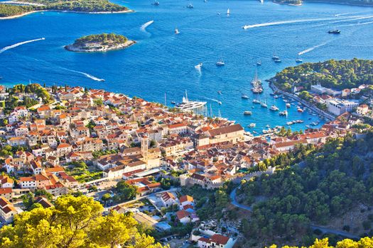 Hvar bay and yachting harbor aerial panoramic view