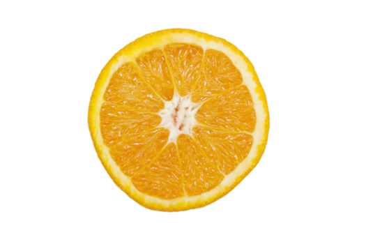 Cross section of sliced pulpy orange against white background