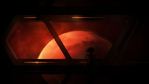 View of Mars from a spaceship with a droid on board.