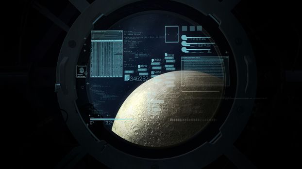 Flight calculations on the background of the moon in the porthole.