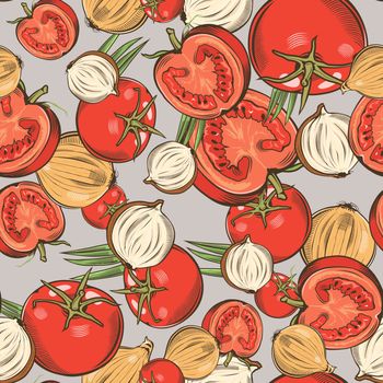 Colored seamless pattern with tomatoes and onions in vintage style