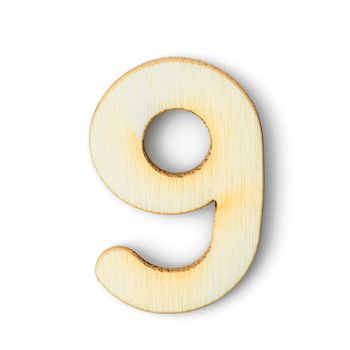 Wooden numeric 9 with  shadow on white 