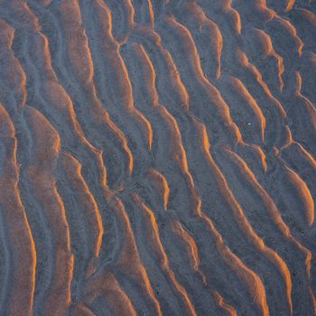 sand ripples on beach in warm light of setting sun