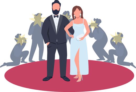 Actor and actress in fancy outfits posing on red carpet flat concept vector illustration