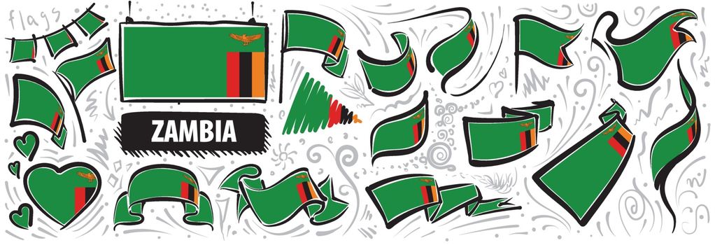 Vector set of the national flag of Zambia in various creative designs