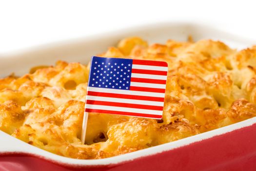 Typical American macaroni and cheese isolated on white background