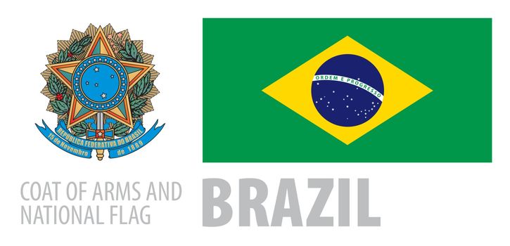 Vector set of the coat of arms and national flag of Brazil