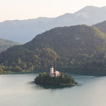 Lake Bled, island with a church and the alps in the background, Slovenia