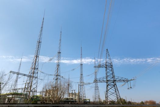Large pylons at power distributing station