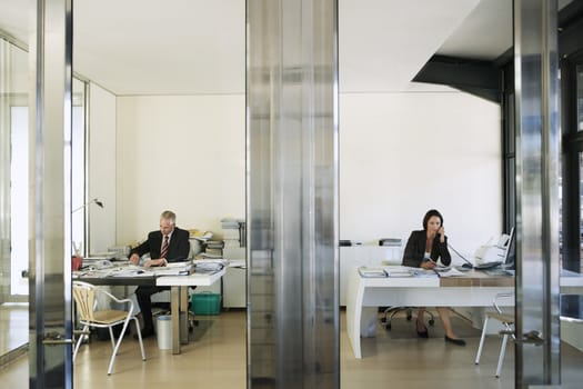 Two Businesspeople Working in Office front view
