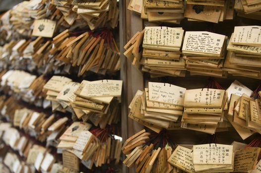 Japan Tokyo Meiji-jingu Shinto Shrine Small wooden plaques with prayers and wishes (Ema)