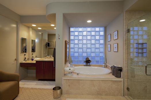Luxury bathroom with bathtub in mansion