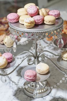 Close-up of macaroons on cake stand