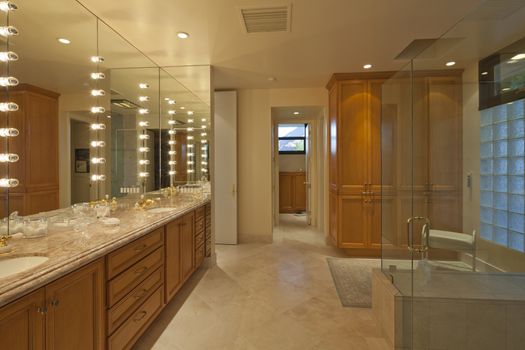 Interior of spacious bathroom with spa
