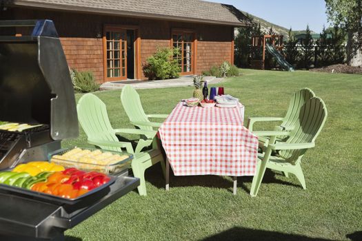Dining table and chairs with barbecue grill on lawn in front of country house