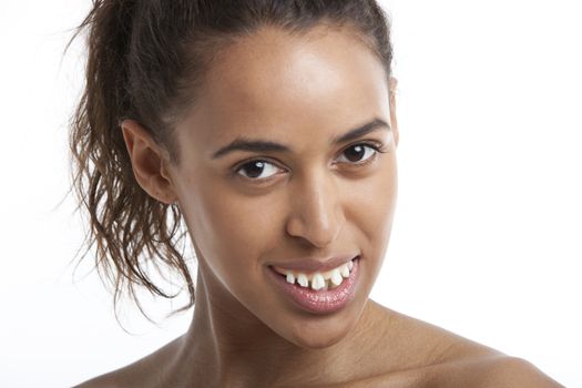 Portrait of young mixed woman with fake ugly teeth