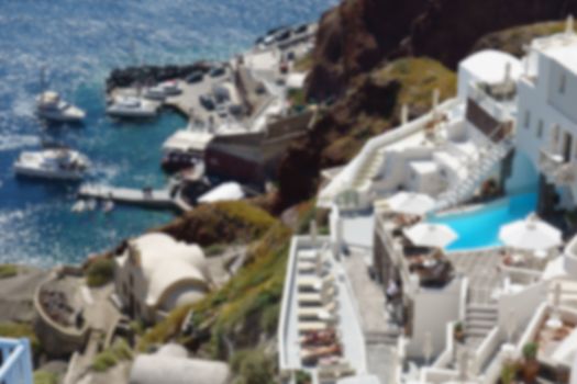 Blurred View of the island and whitewashed village of Oia of San
